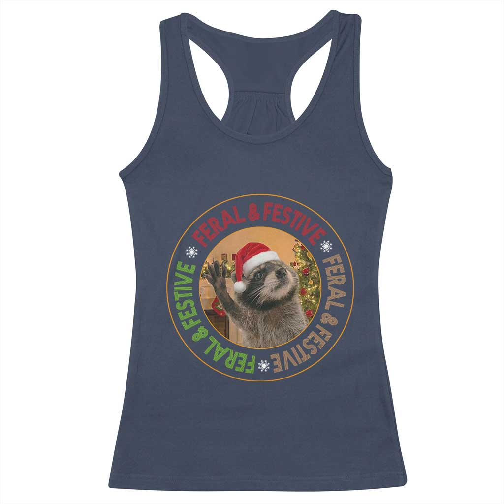Funny Christmas Pedro The Racoon Racerback Tank Top Feral And Festive Xmas Santa Trash Panda - Wonder Print Shop