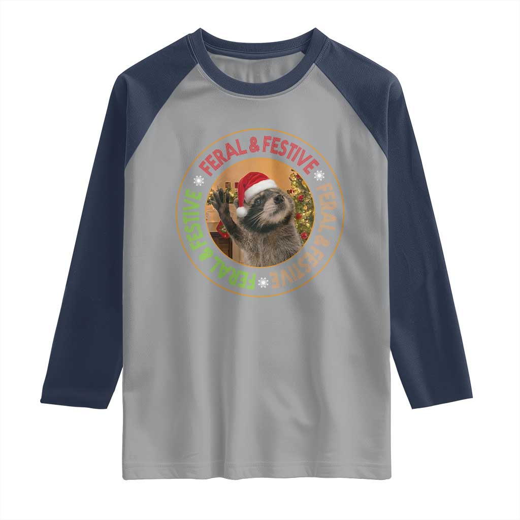 Funny Christmas Pedro The Racoon Raglan Shirt Feral And Festive Xmas Santa Trash Panda - Wonder Print Shop