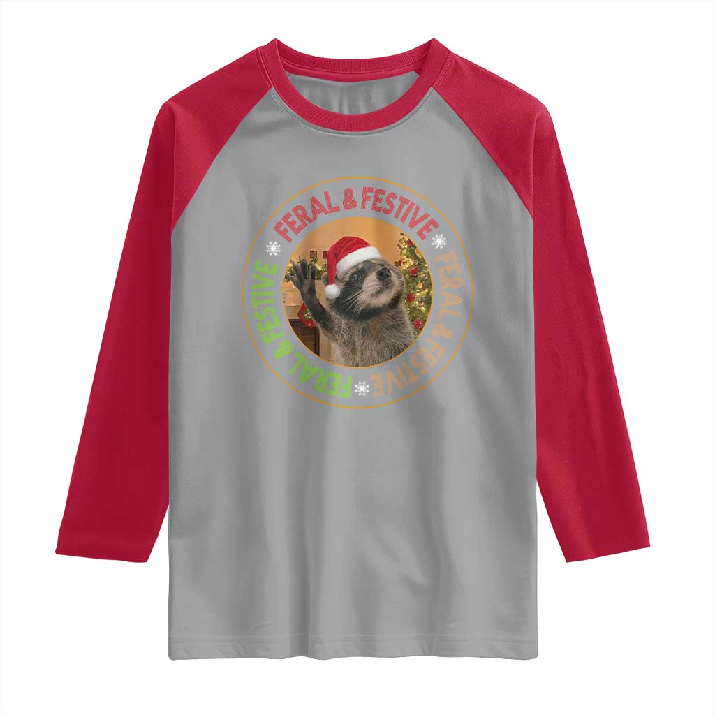Funny Christmas Pedro The Racoon Raglan Shirt Feral And Festive Xmas Santa Trash Panda - Wonder Print Shop