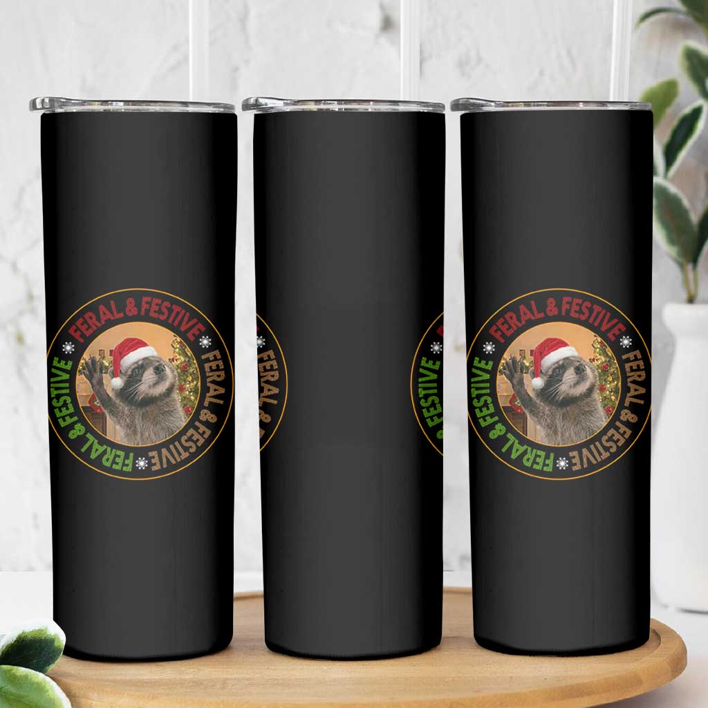 Funny Christmas Pedro The Racoon Skinny Tumbler Feral And Festive Xmas Santa Trash Panda - Wonder Print Shop