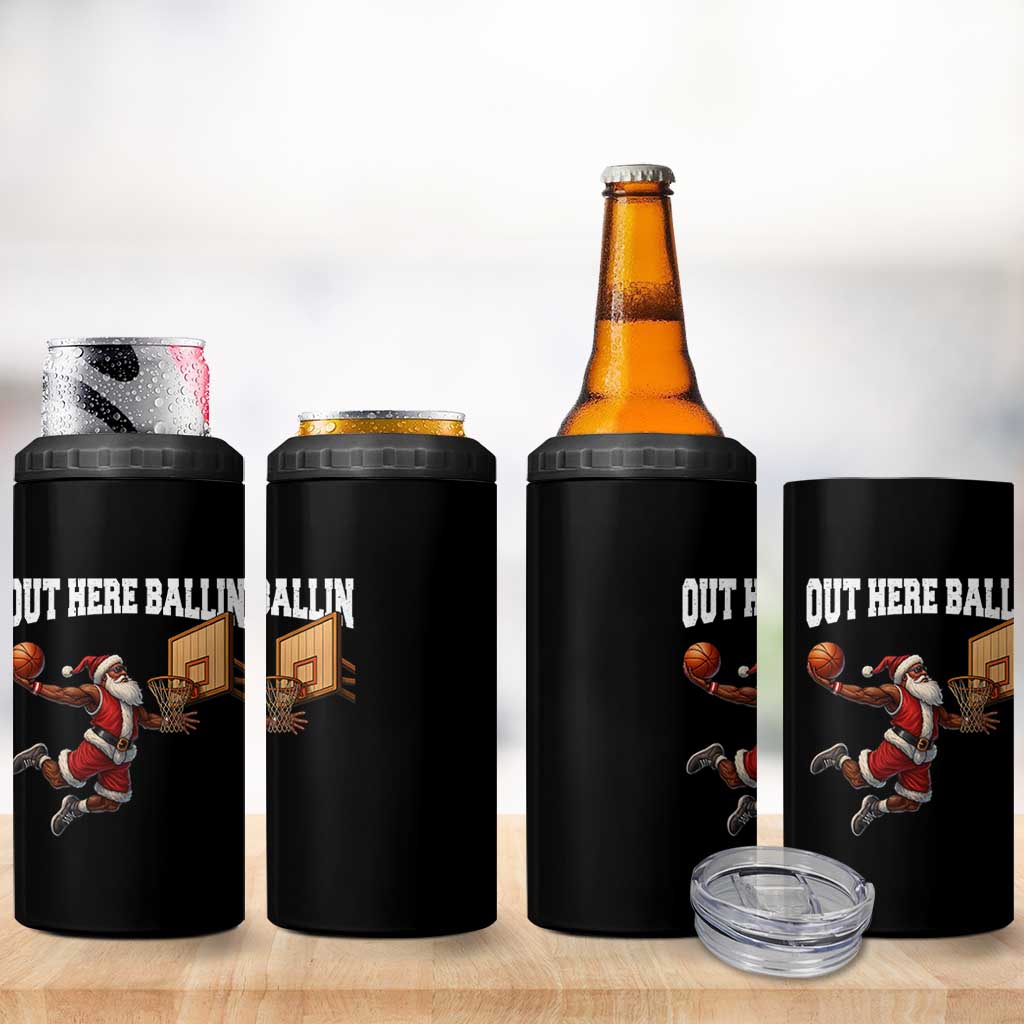 Funny Black Santa Christmas Basketball 4 in 1 Can Cooler Tumbler Out Here Ballin Xmas Santa Sport - Wonder Print Shop