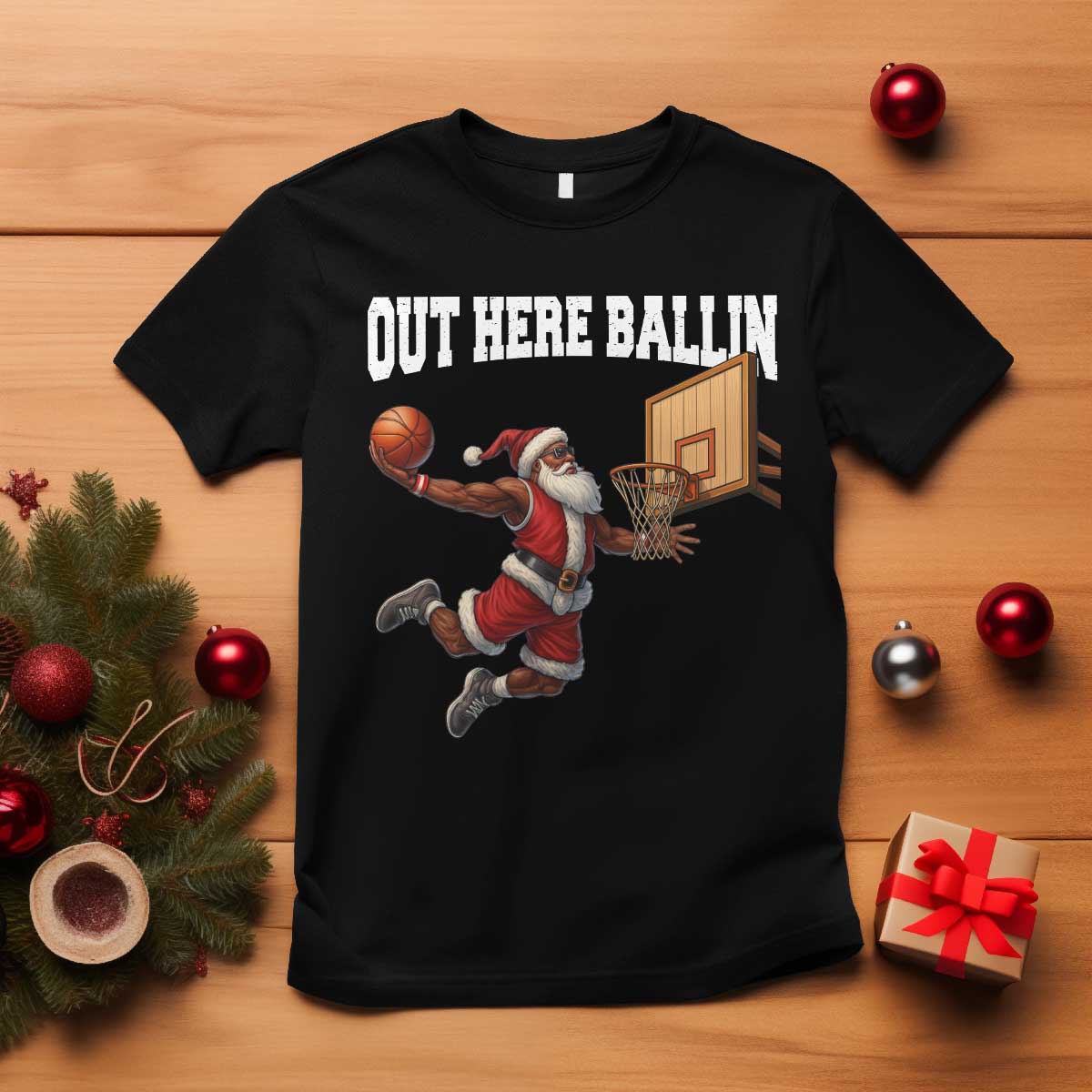 Funny Black Santa Christmas Basketball T Shirt Out Here Ballin Xmas Santa Sport - Wonder Print Shop