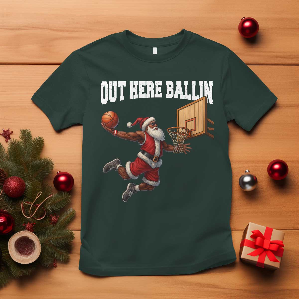 Funny Black Santa Christmas Basketball T Shirt Out Here Ballin Xmas Santa Sport - Wonder Print Shop