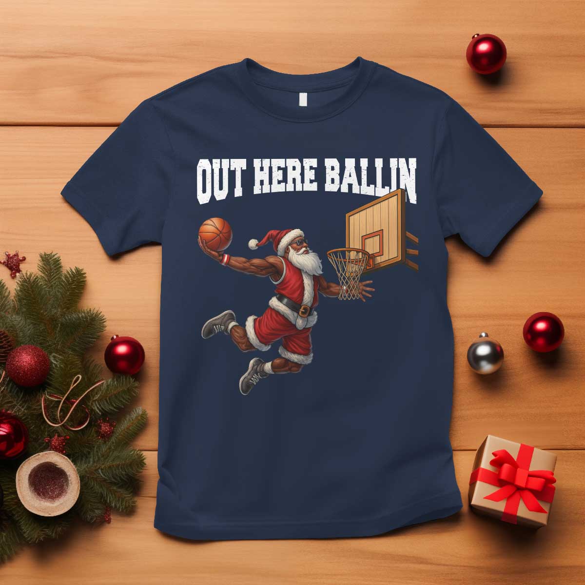 Funny Black Santa Christmas Basketball T Shirt Out Here Ballin Xmas Santa Sport - Wonder Print Shop