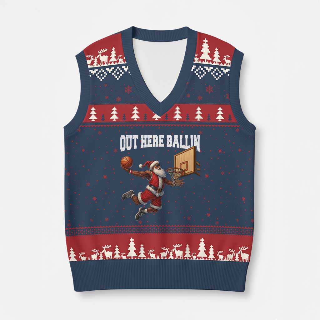 Funny Black Santa Christmas Basketball V-Neck Knit Sweater Vest Out Here Ballin Xmas Santa Sport - Wonder Print Shop