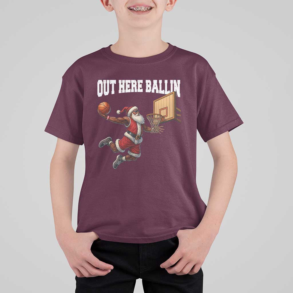 Funny Black Santa Christmas Basketball T Shirt For Kid Out Here Ballin Xmas Santa Sport - Wonder Print Shop