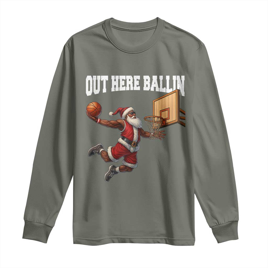 Funny Black Santa Christmas Basketball Long Sleeve Shirt Out Here Ballin Xmas Santa Sport - Wonder Print Shop
