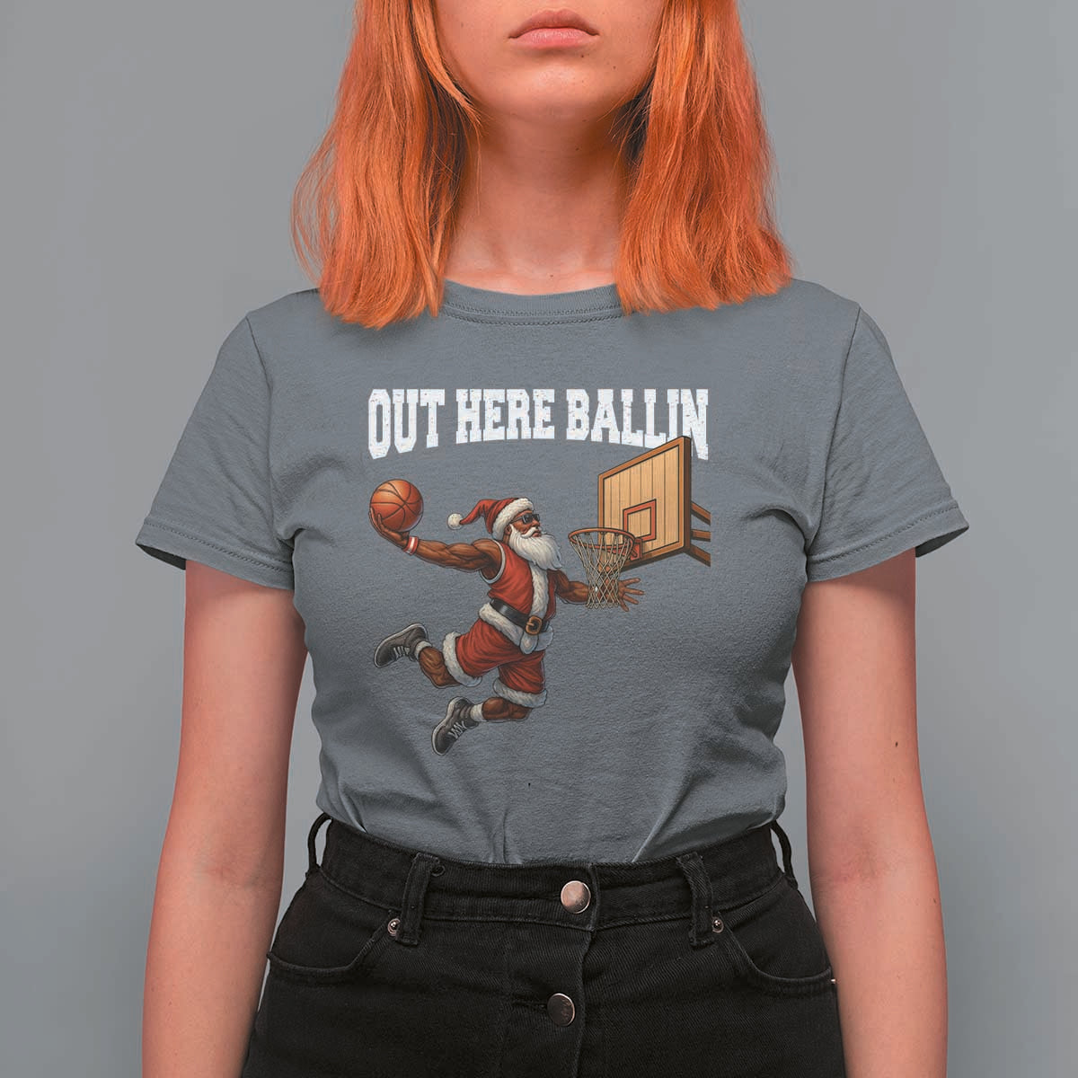 Funny Black Santa Christmas Basketball T Shirt For Women Out Here Ballin Xmas Santa Sport - Wonder Print Shop