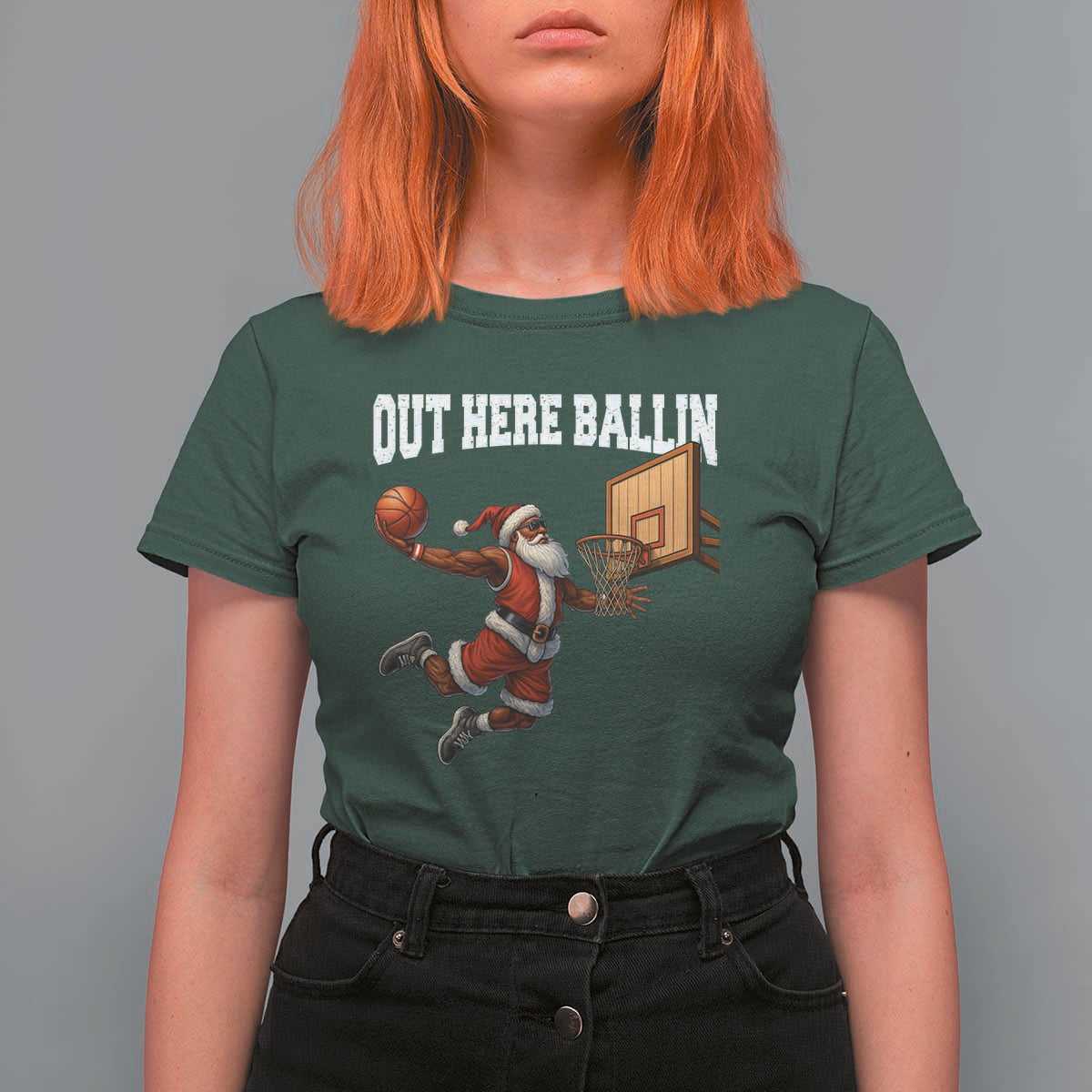 Funny Black Santa Christmas Basketball T Shirt For Women Out Here Ballin Xmas Santa Sport - Wonder Print Shop