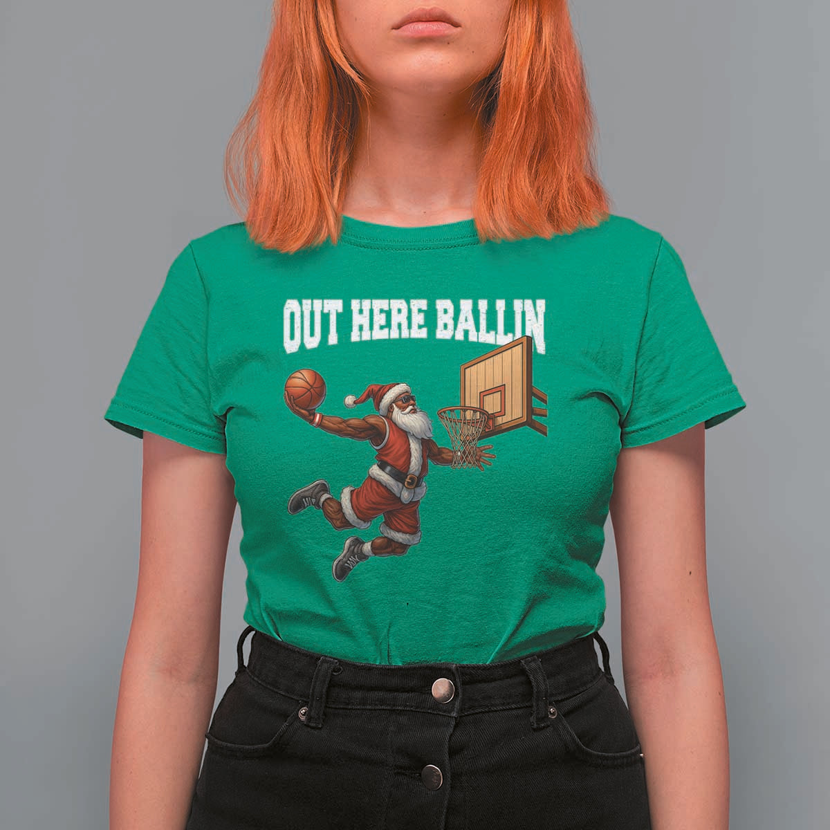 Funny Black Santa Christmas Basketball T Shirt For Women Out Here Ballin Xmas Santa Sport - Wonder Print Shop
