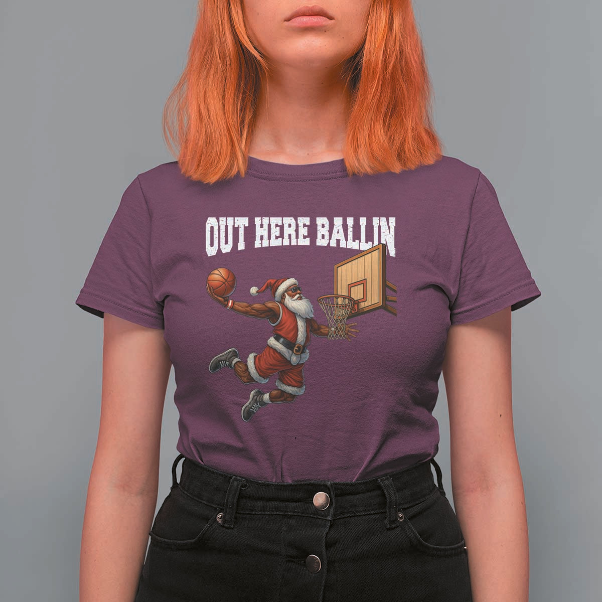 Funny Black Santa Christmas Basketball T Shirt For Women Out Here Ballin Xmas Santa Sport - Wonder Print Shop