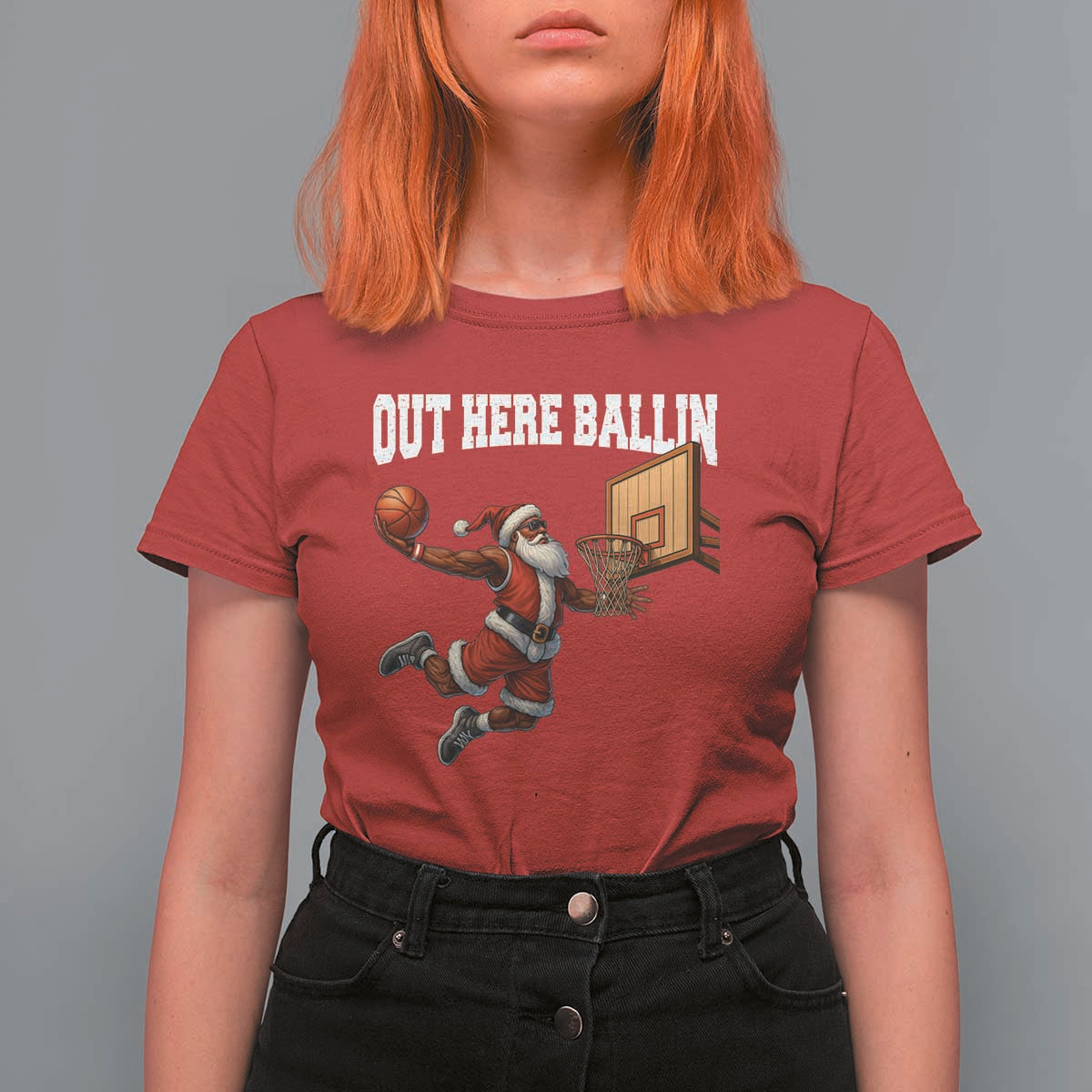 Funny Black Santa Christmas Basketball T Shirt For Women Out Here Ballin Xmas Santa Sport - Wonder Print Shop