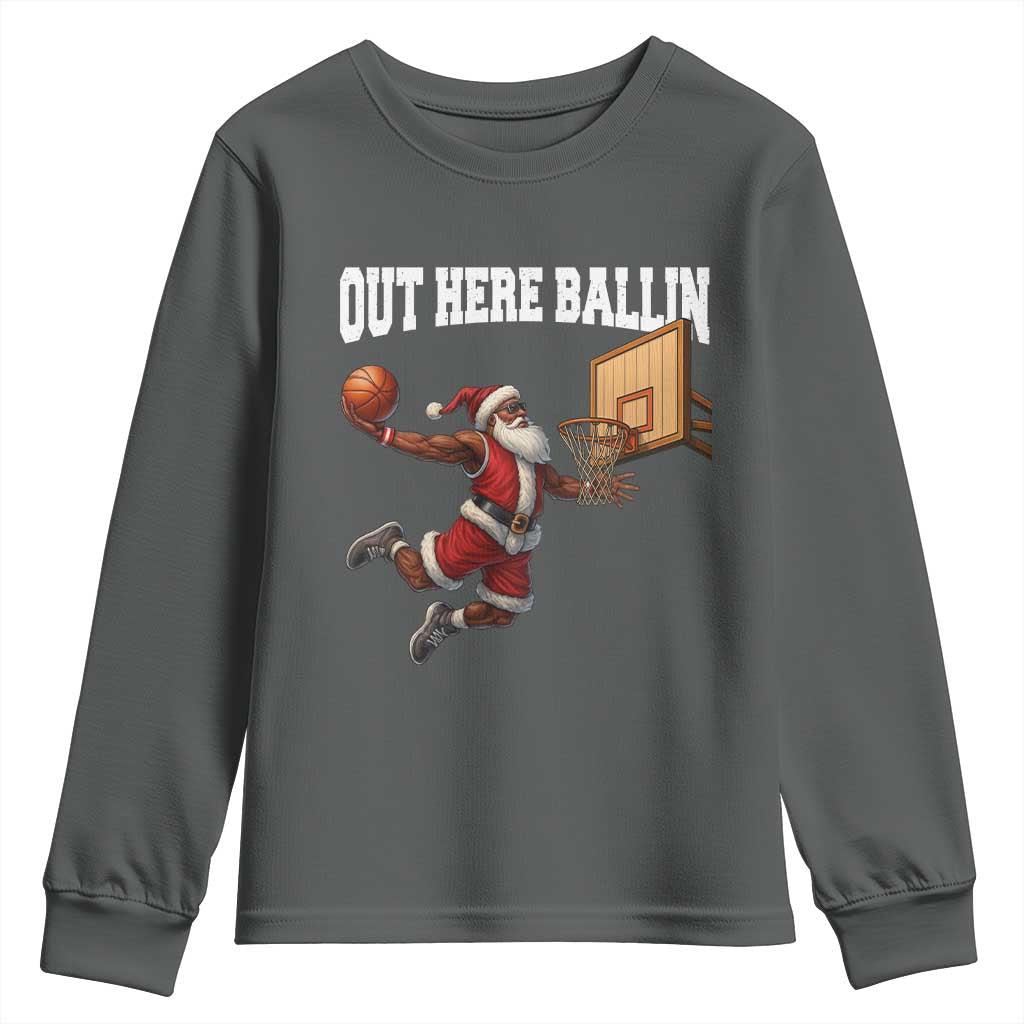 Funny Black Santa Christmas Basketball Youth Sweatshirt Out Here Ballin Xmas Santa Sport - Wonder Print Shop