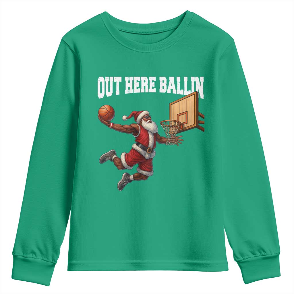 Funny Black Santa Christmas Basketball Youth Sweatshirt Out Here Ballin Xmas Santa Sport - Wonder Print Shop