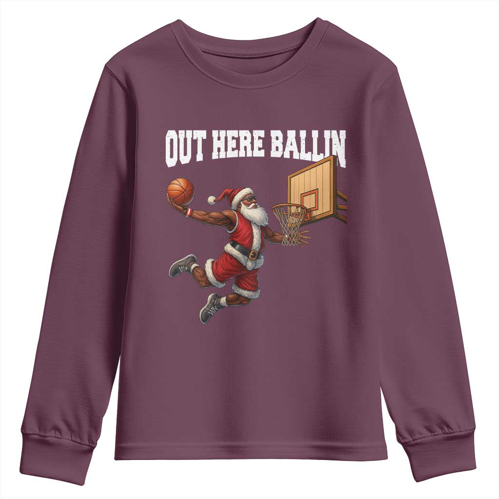 Funny Black Santa Christmas Basketball Youth Sweatshirt Out Here Ballin Xmas Santa Sport - Wonder Print Shop