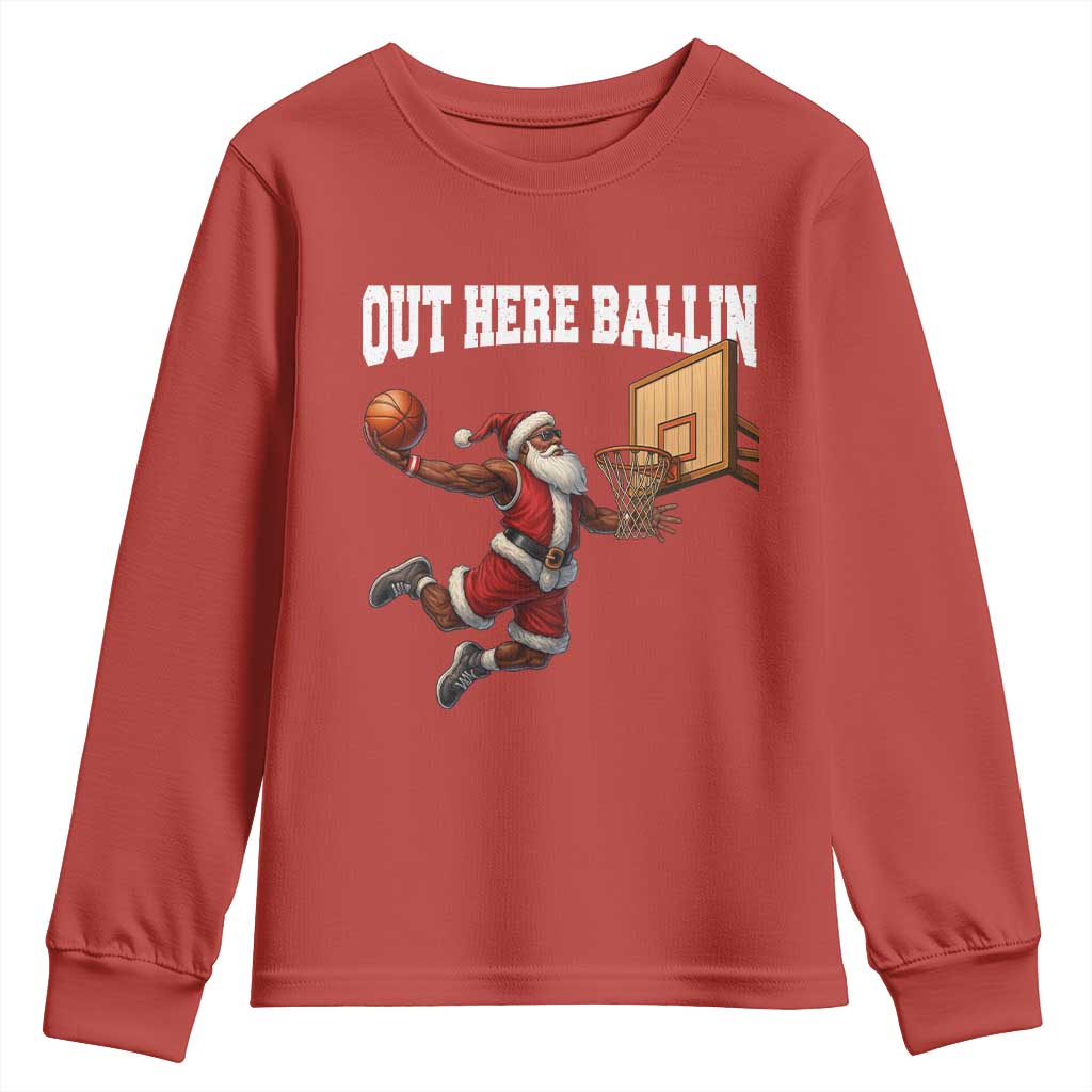 Funny Black Santa Christmas Basketball Youth Sweatshirt Out Here Ballin Xmas Santa Sport - Wonder Print Shop