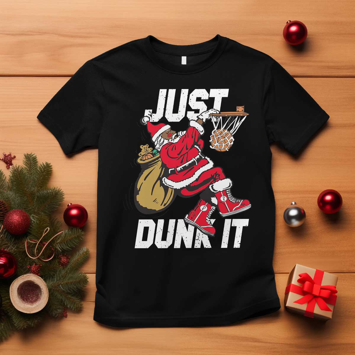 Funny Black Santa Christmas Basketball T Shirt Just Dunk It Xmas Sport - Wonder Print Shop