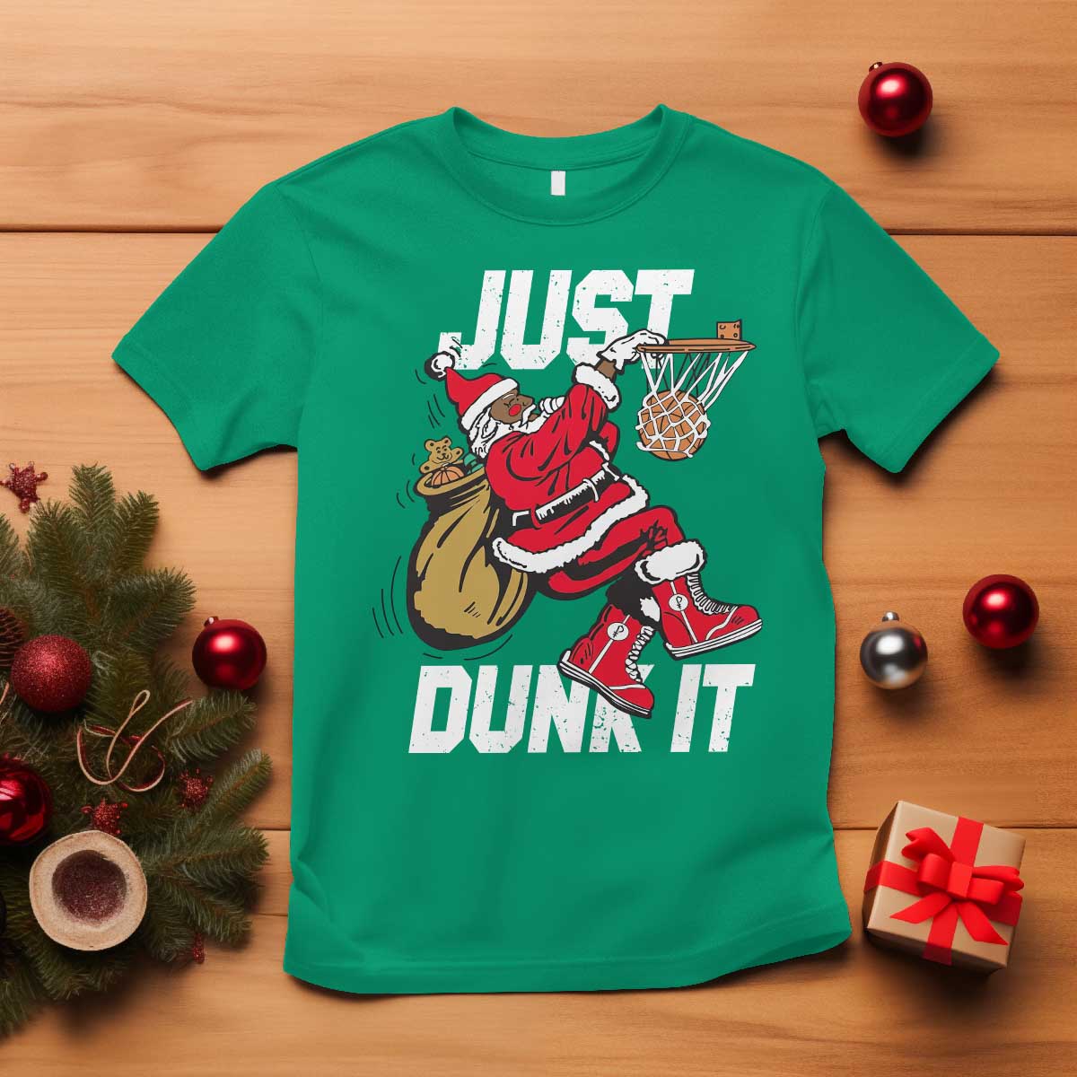 Funny Black Santa Christmas Basketball T Shirt Just Dunk It Xmas Sport - Wonder Print Shop