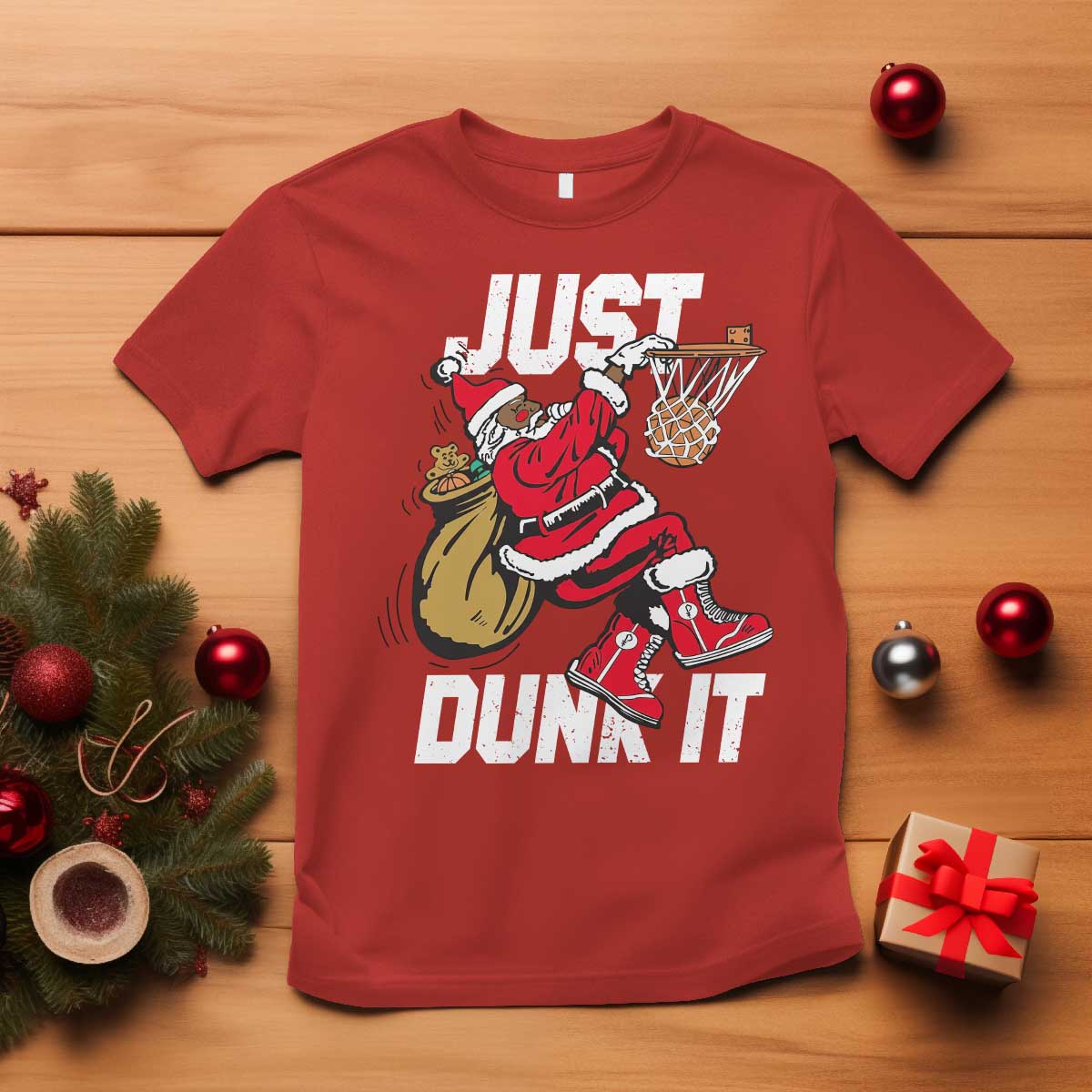 Funny Black Santa Christmas Basketball T Shirt Just Dunk It Xmas Sport - Wonder Print Shop