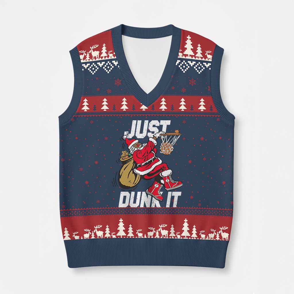 Funny Black Santa Christmas Basketball V-Neck Knit Sweater Vest Just Dunk It Xmas Sport - Wonder Print Shop