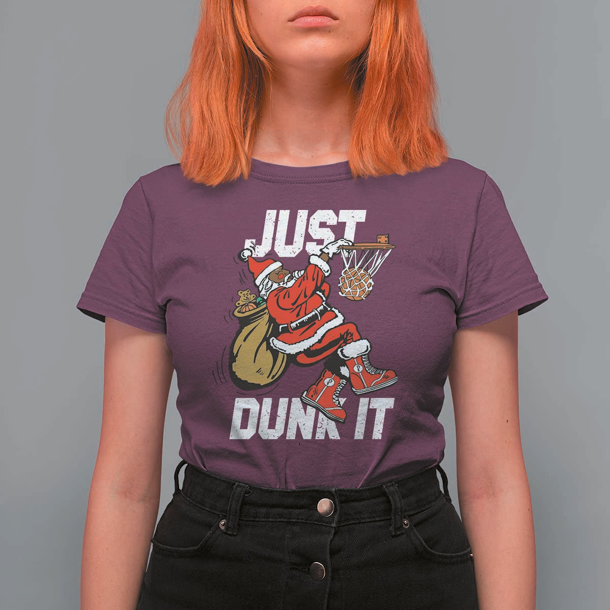 Funny Black Santa Christmas Basketball T Shirt For Women Just Dunk It Xmas Sport - Wonder Print Shop