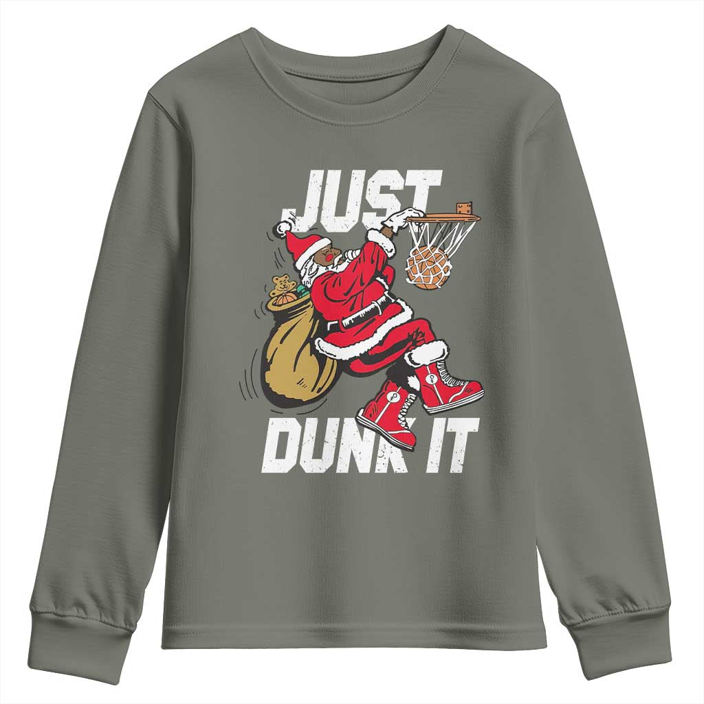 Funny Black Santa Christmas Basketball Youth Sweatshirt Just Dunk It Xmas Sport - Wonder Print Shop