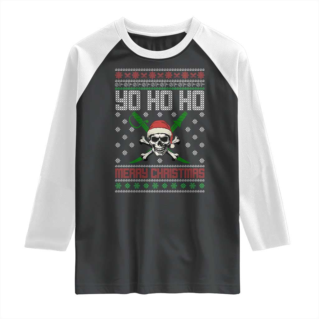 Funny Christmas Pirate Santa Raglan Shirt Yo Ho Ho Merry Christmas Skull Santa Hat - Wonder Print Shop