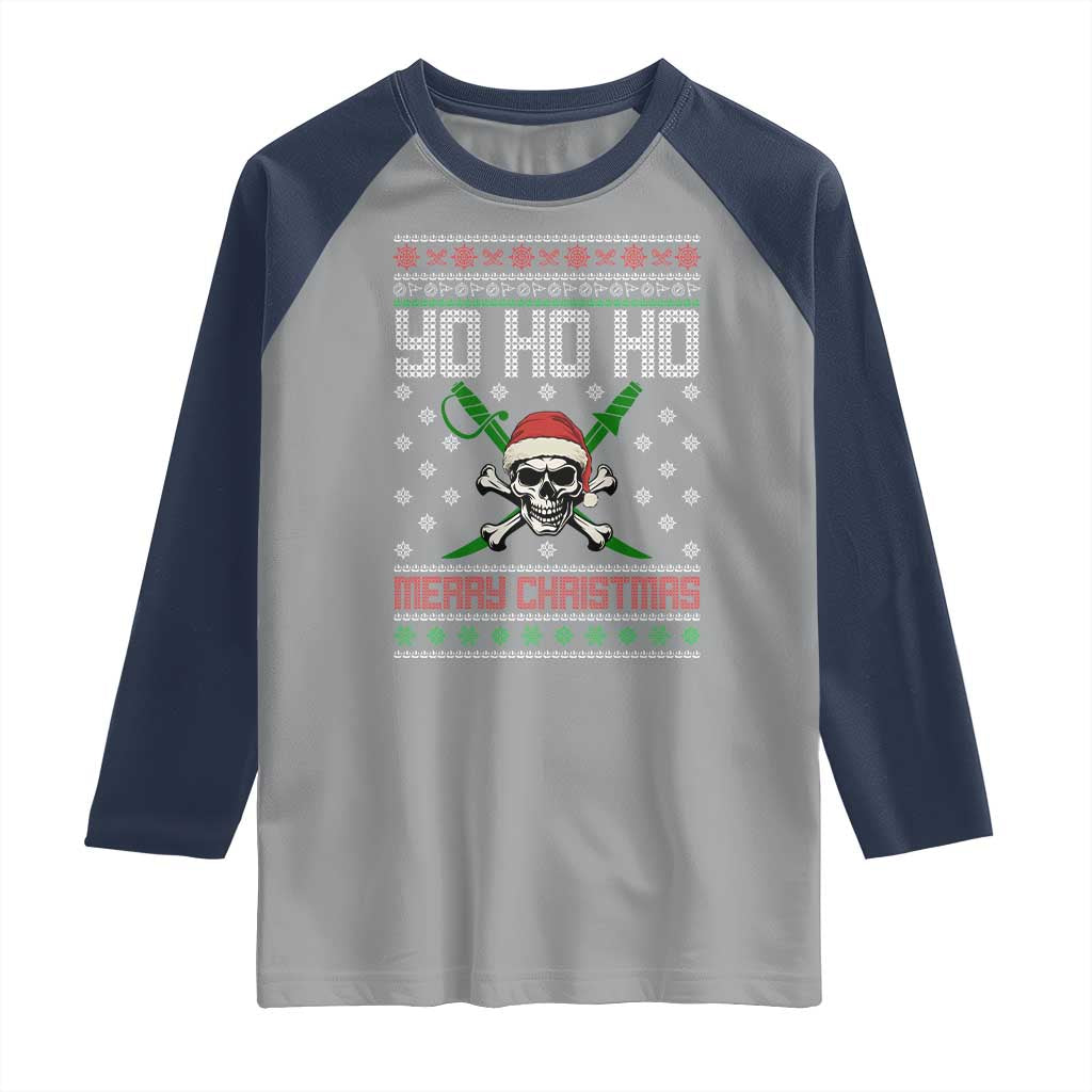 Funny Christmas Pirate Santa Raglan Shirt Yo Ho Ho Merry Christmas Skull Santa Hat - Wonder Print Shop