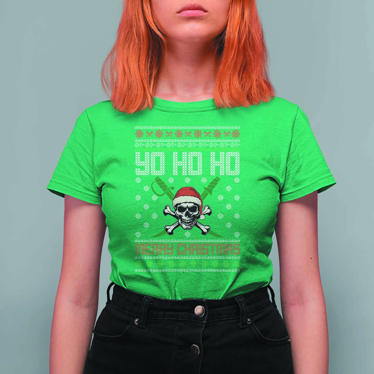 Funny Christmas Pirate Santa T Shirt For Women Yo Ho Ho Merry Christmas Skull Santa Hat - Wonder Print Shop