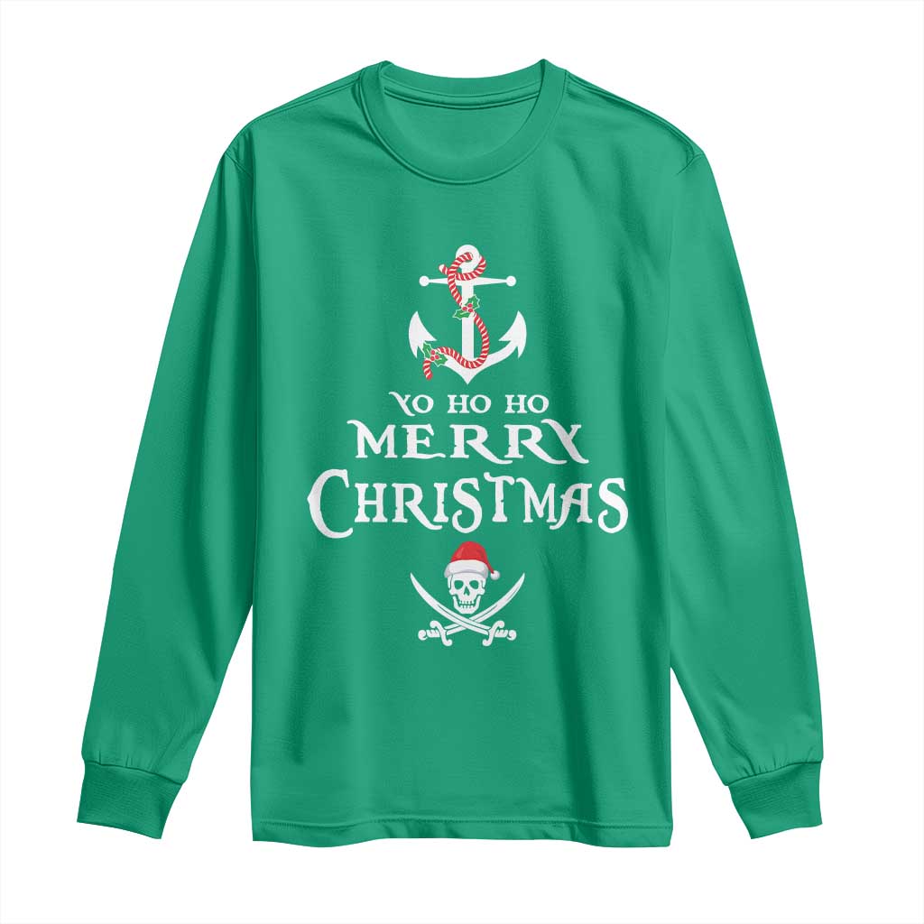 Funny Christmas Pirate Long Sleeve Shirt Yo Ho Ho Merry Christmas Anchor Santa Skull
