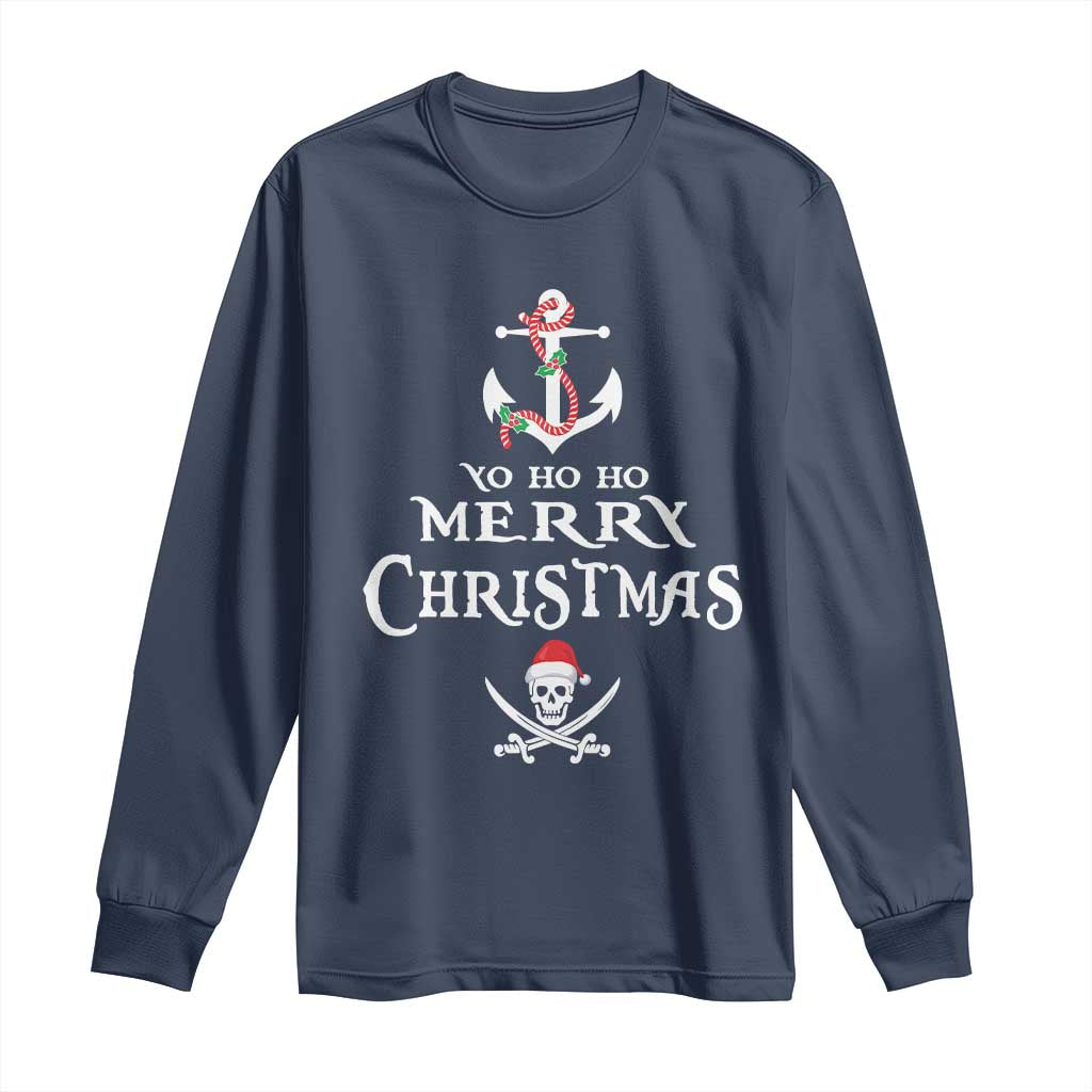 Funny Christmas Pirate Long Sleeve Shirt Yo Ho Ho Merry Christmas Anchor Santa Skull