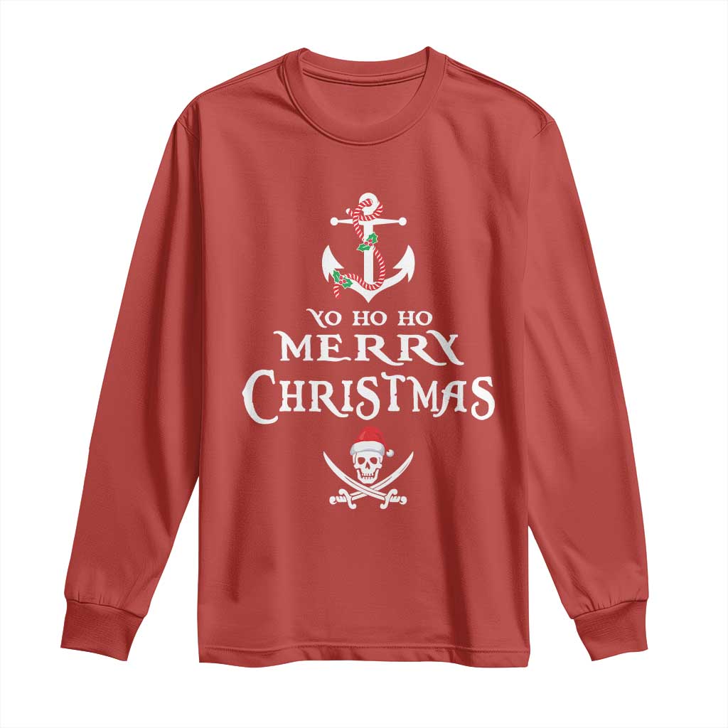 Funny Christmas Pirate Long Sleeve Shirt Yo Ho Ho Merry Christmas Anchor Santa Skull
