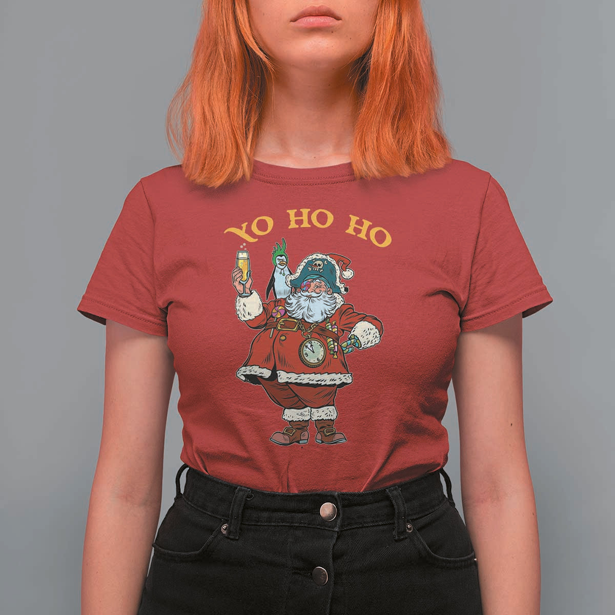 Funny Christmas Pirate Santa T Shirt For Women Yo Ho Ho Holiday Xmas Pirate - Wonder Print Shop