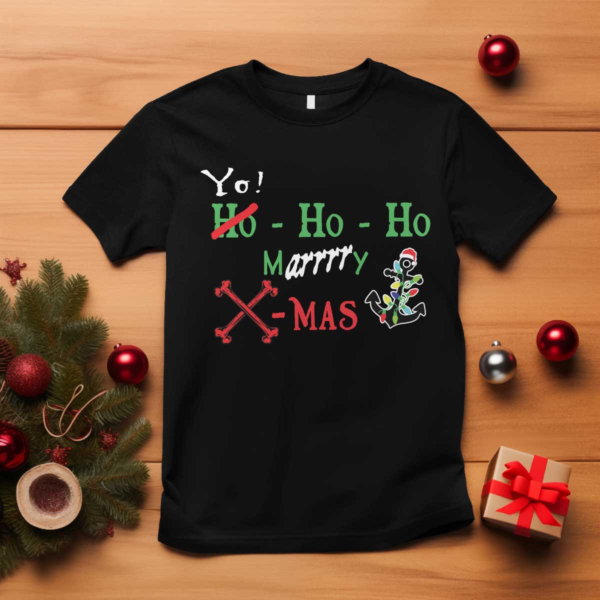 Funny Christmas Pirate T Shirt Yo Ho Ho Marrrrry X-Mas Anchor Santa Hat - Wonder Print Shop