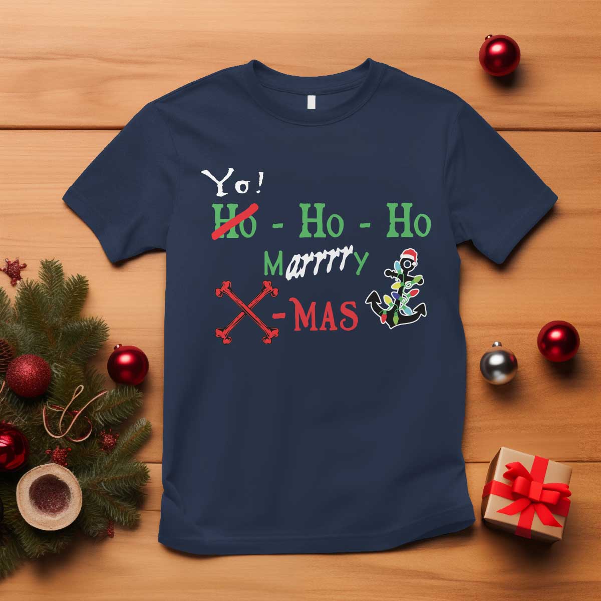 Funny Christmas Pirate T Shirt Yo Ho Ho Marrrrry X-Mas Anchor Santa Hat - Wonder Print Shop