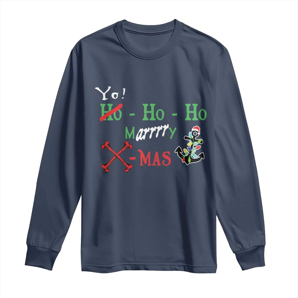 Funny Christmas Pirate Long Sleeve Shirt Yo Ho Ho Marrrrry X-Mas Anchor Santa Hat