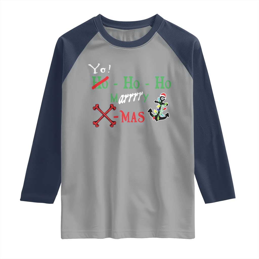 Funny Christmas Pirate Raglan Shirt Yo Ho Ho Marrrrry X-Mas Anchor Santa Hat - Wonder Print Shop