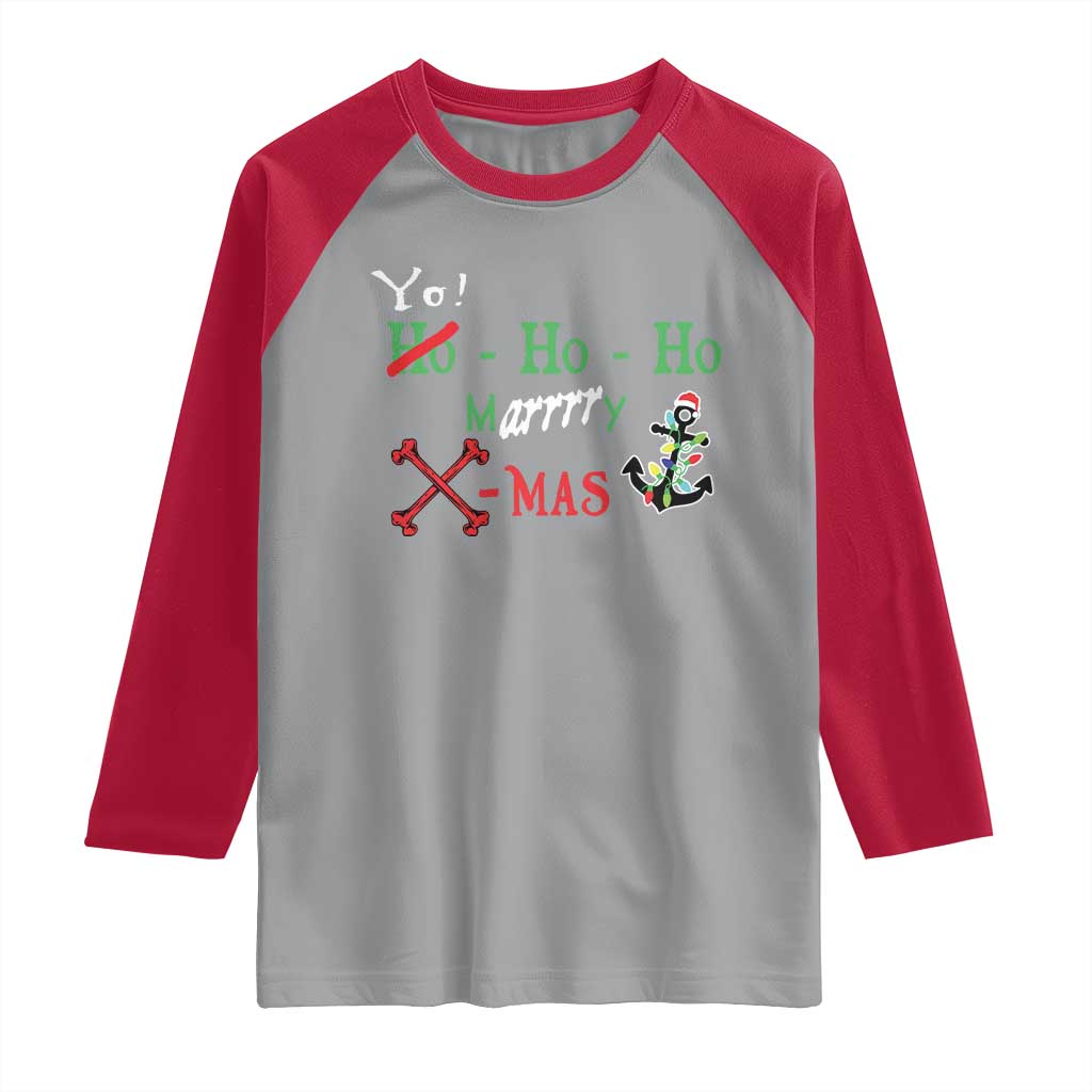 Funny Christmas Pirate Raglan Shirt Yo Ho Ho Marrrrry X-Mas Anchor Santa Hat - Wonder Print Shop