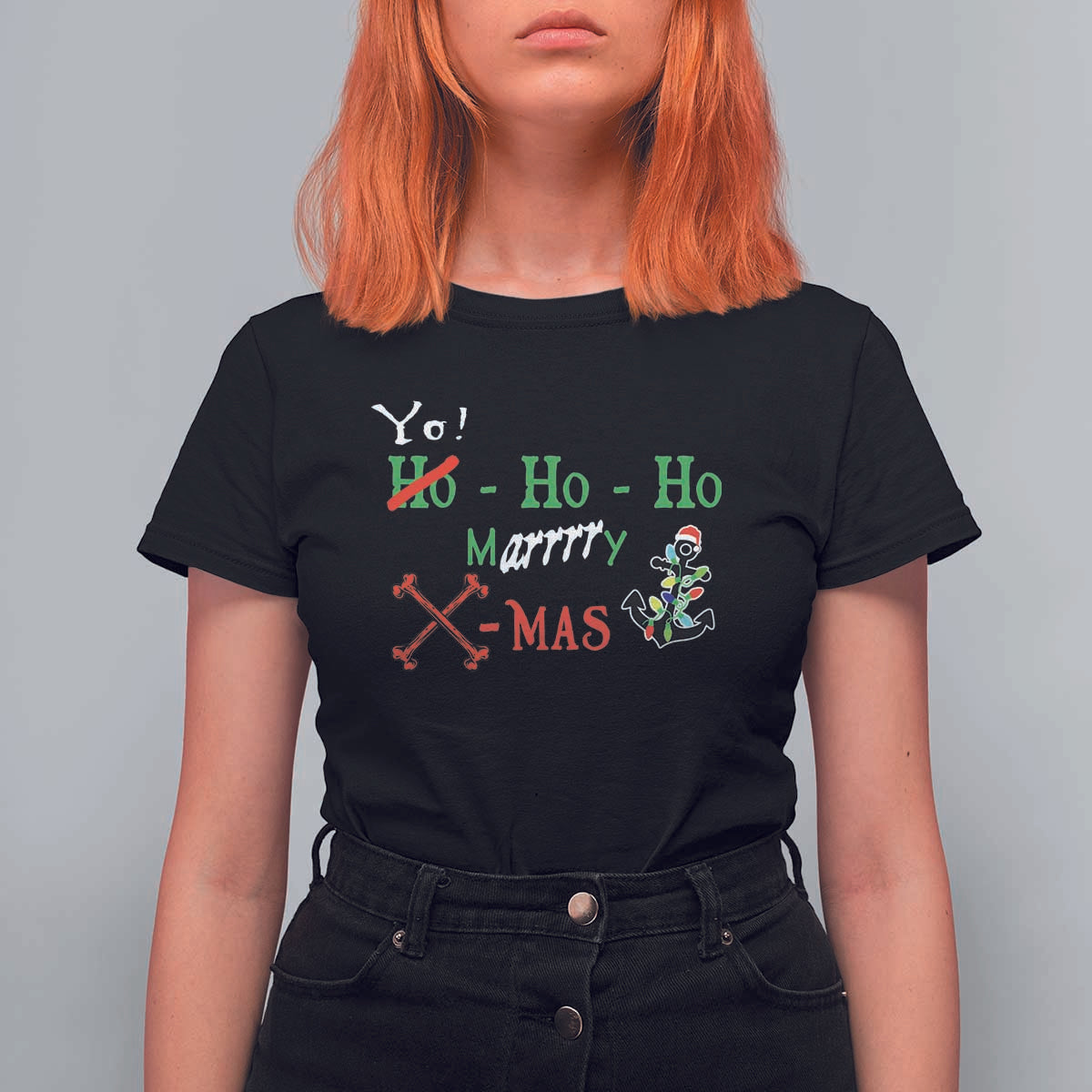 Funny Christmas Pirate T Shirt For Women Yo Ho Ho Marrrrry X-Mas Anchor Santa Hat - Wonder Print Shop