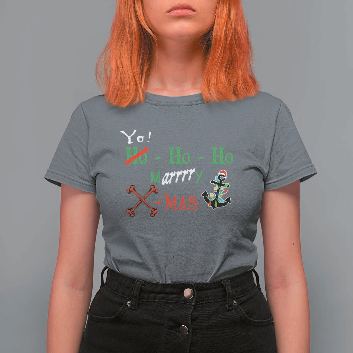 Funny Christmas Pirate T Shirt For Women Yo Ho Ho Marrrrry X-Mas Anchor Santa Hat - Wonder Print Shop
