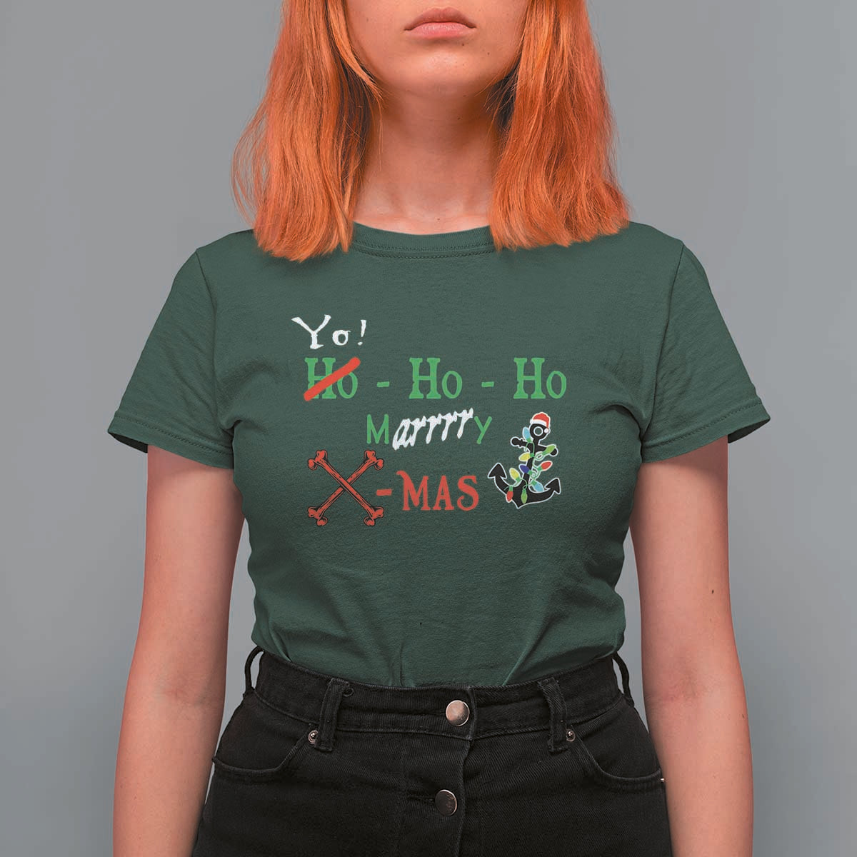 Funny Christmas Pirate T Shirt For Women Yo Ho Ho Marrrrry X-Mas Anchor Santa Hat - Wonder Print Shop