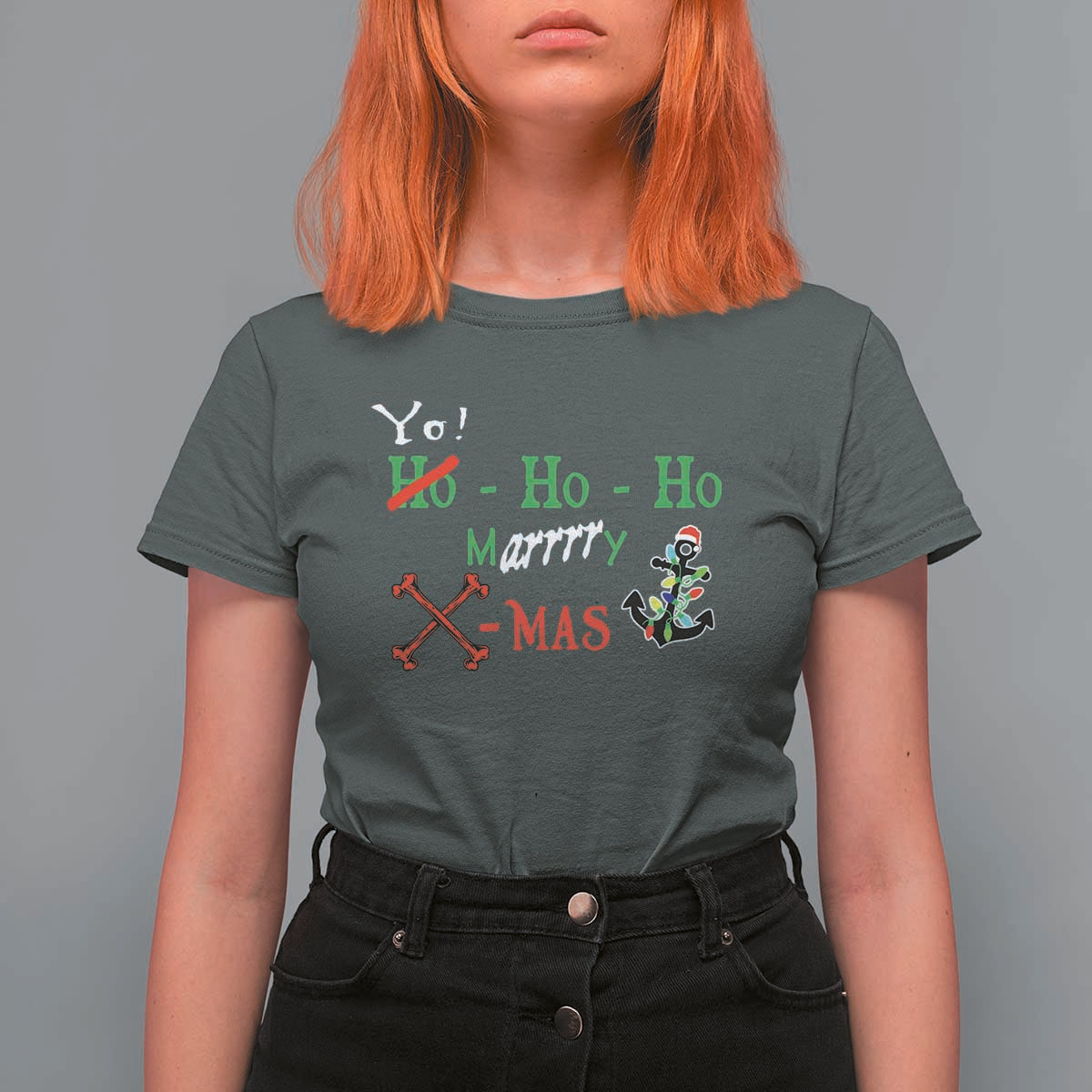 Funny Christmas Pirate T Shirt For Women Yo Ho Ho Marrrrry X-Mas Anchor Santa Hat - Wonder Print Shop