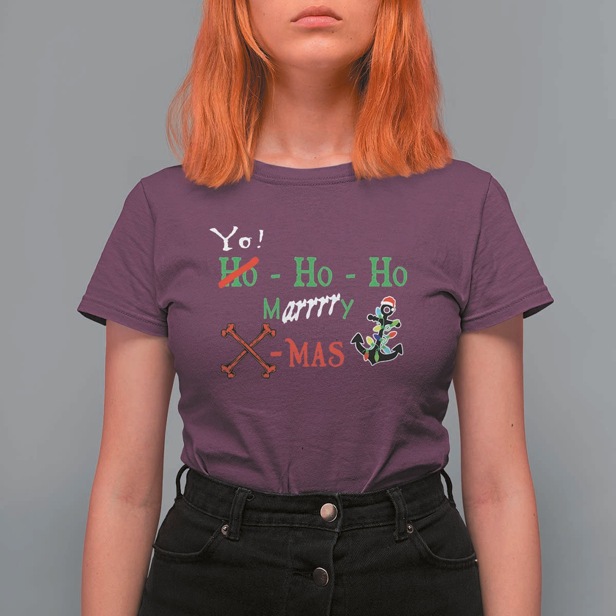 Funny Christmas Pirate T Shirt For Women Yo Ho Ho Marrrrry X-Mas Anchor Santa Hat - Wonder Print Shop