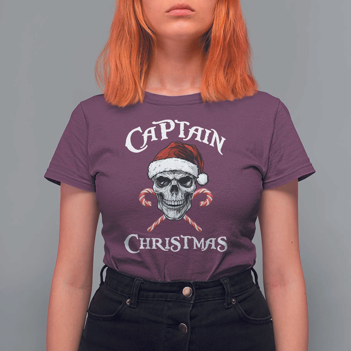 Funny Xmas Pirate Santa T Shirt For Women Captain Christmas Skull Candy Canes - Wonder Print Shop