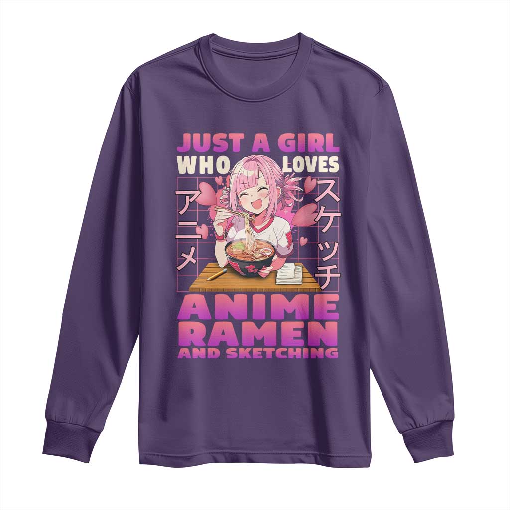 Funny Just A Girl Who Loves Anime Ramen And Sketching Long Sleeve Shirt Otaku Japanese Kawaii Anime Girl
