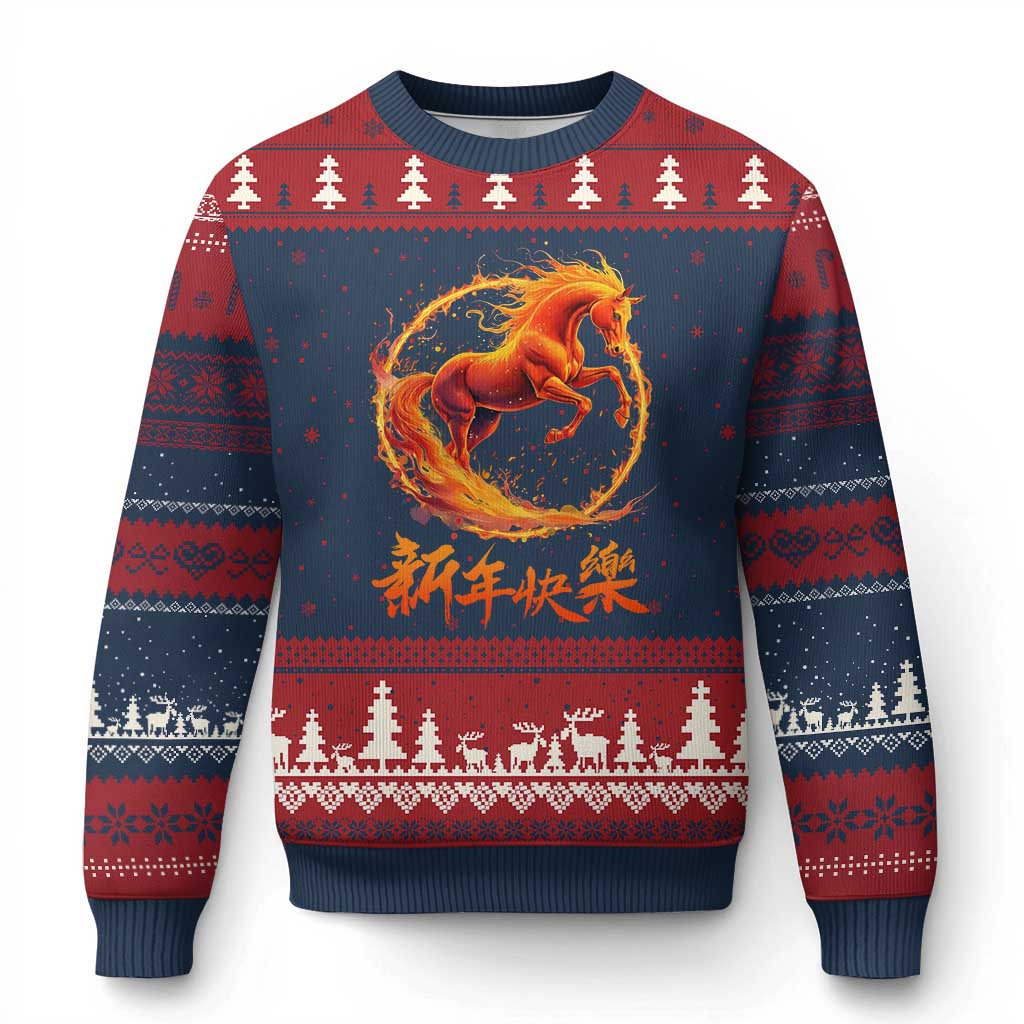 Year of The Fire Horse 2026 Ugly Christmas Sweater Chinese Zodiac Lunar New Year - Wonder Print Shop