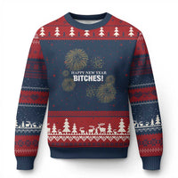Funny Happy New Year Bitches Ugly Christmas Sweater NYE Party Fireworks - Wonder Print Shop