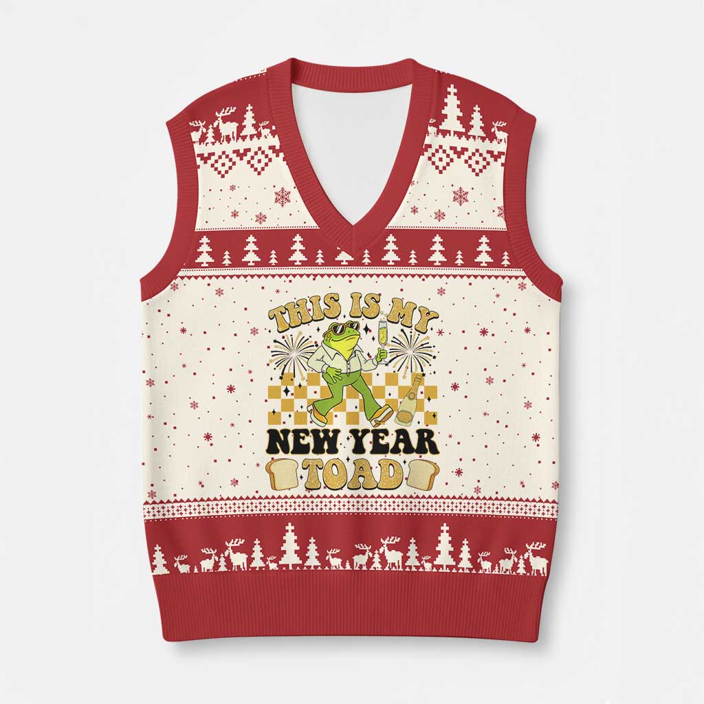 Funny New Years Eve V-Neck Knit Sweater Vest This Is My New Year Toad Frog Pun - Wonder Print Shop