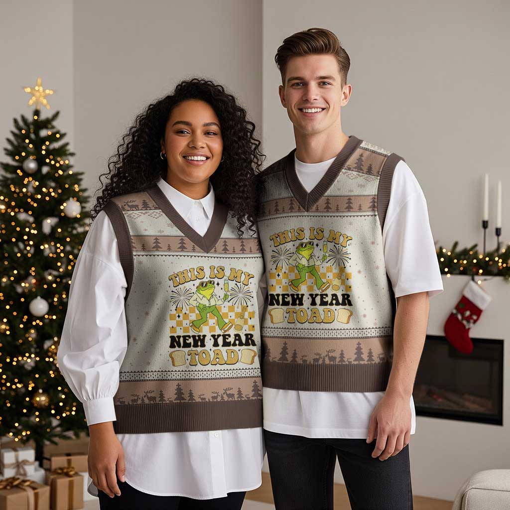 Funny New Years Eve V-Neck Knit Sweater Vest This Is My New Year Toad Frog Pun - Wonder Print Shop