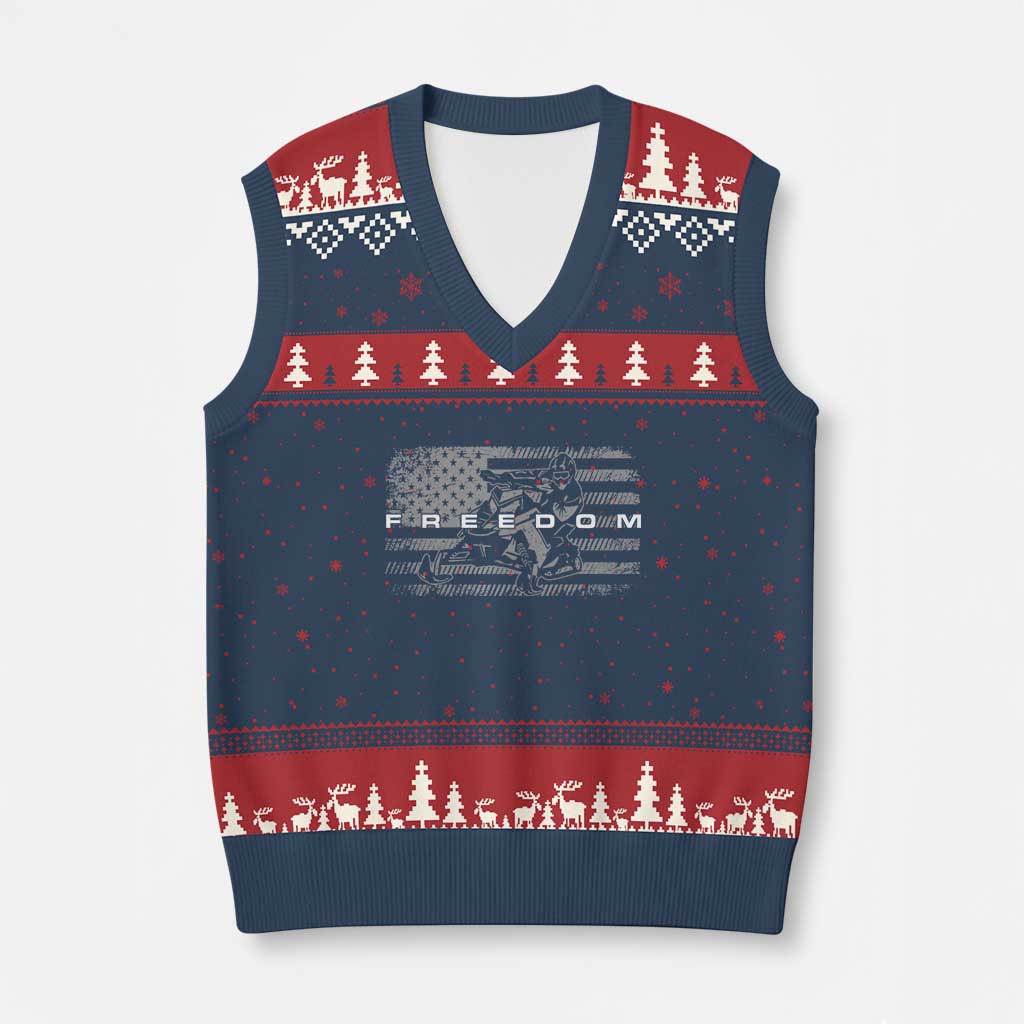 American Flag Snowmobile Freedom Winter Sport V-Neck Knit Sweater Vest - Wonder Print Shop